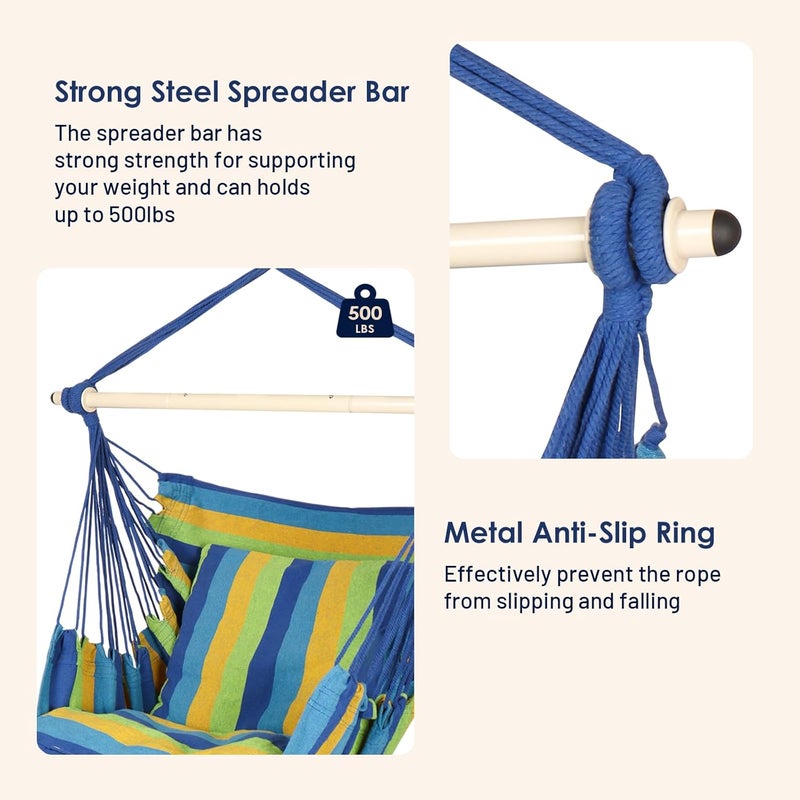 Highwild Hammock Chair Hanging Rope Swing - Max 500 Lbs - 2 Cushions Included - Steel Spreader Bar with Anti-Slip Rings - for Any Indoor or Outdoor Spaces (Blue Striped) - Image 4